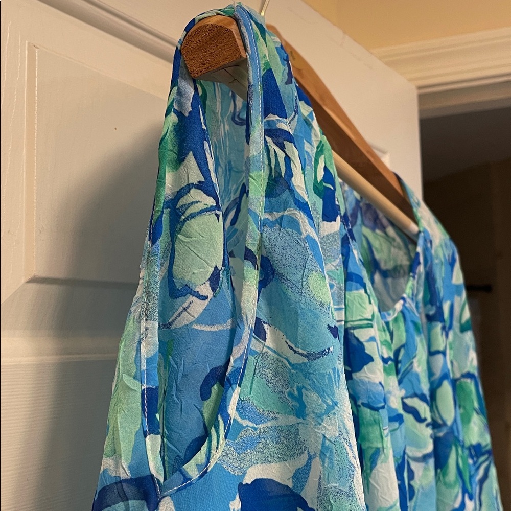 Vibrant Floral Women's Blouse in Blue and Green 2X Cold shoulder Flutter sleeve - Picture 7 of 11